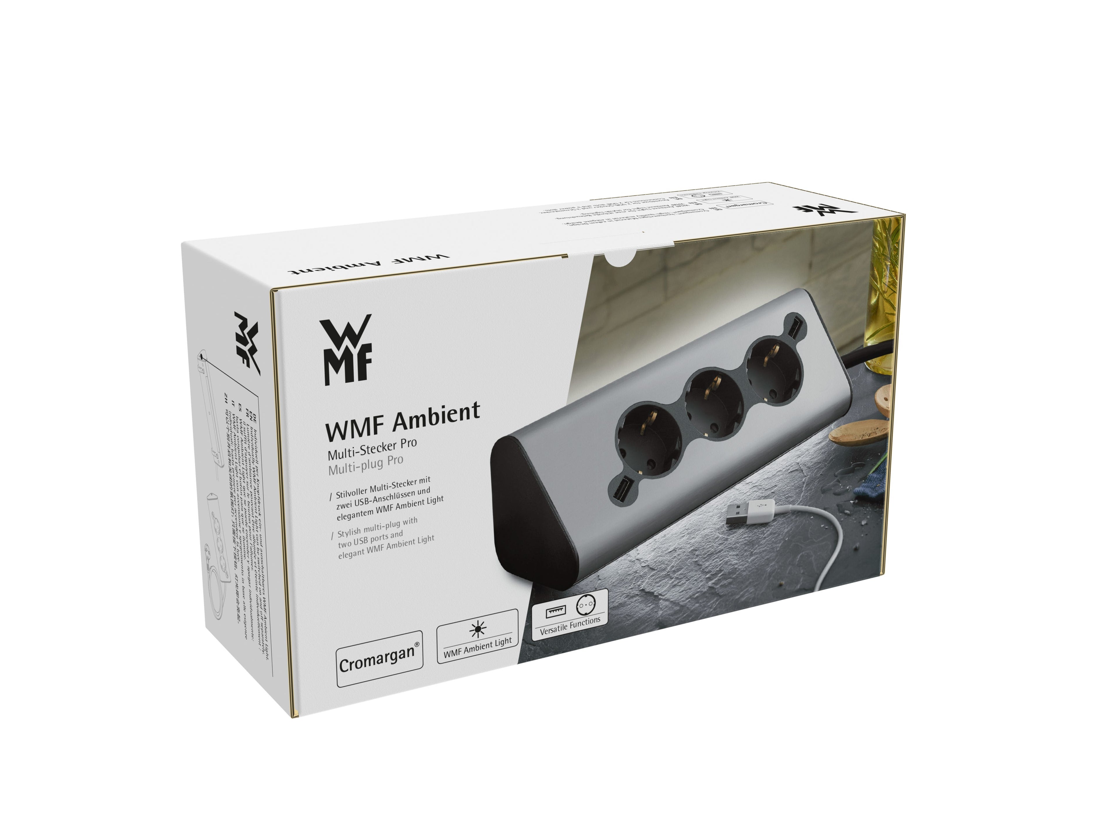 Nærbilde av LED-lys på Ambient Multi-Plug Pro grenuttak med USB