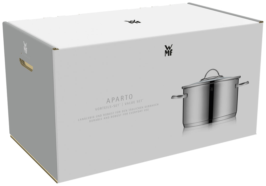Oversikt over gryter og lokk i Aparto grytesett 6-delt rustfritt stål 18/10