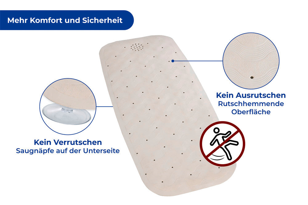 Badekarsmatte naturgummi beige 37 x 90 cm sklisikker montert i badekar