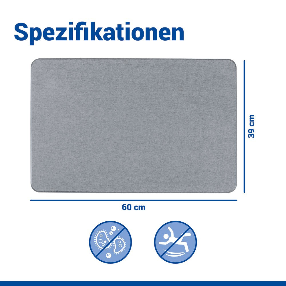 Badematte diatomitt grå 60×39 cm hurtigtørkende sklisikker - Wenko pakning