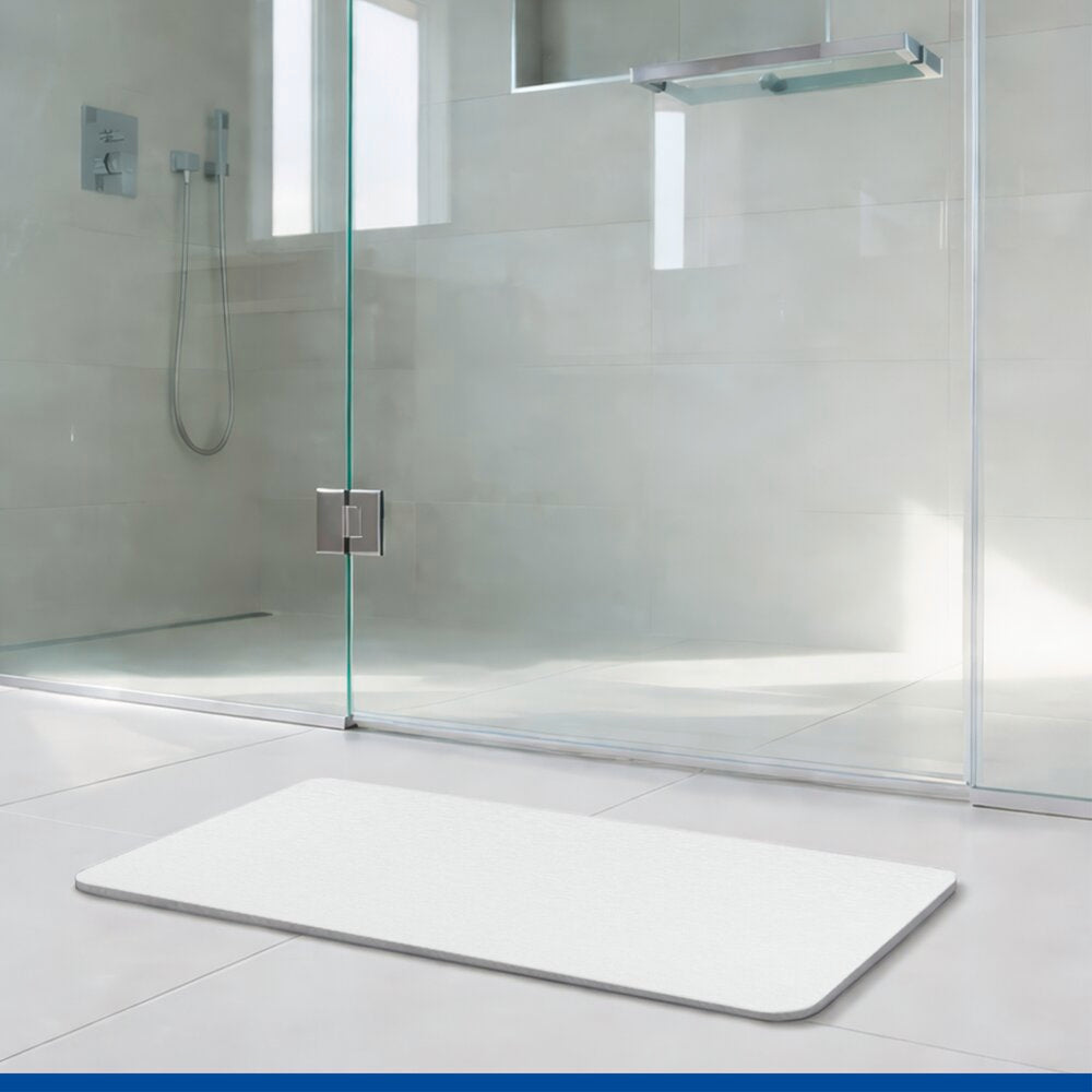 Badematte diatomitt hvit 60×39 cm hurtigtørkende sklisikker sammenligning med tekstilmatte