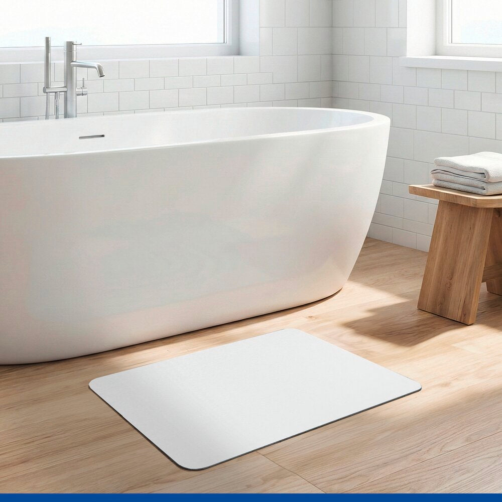 Badematte diatomitt hvit 60×39 cm hurtigtørkende sklisikker pakningsinnhold