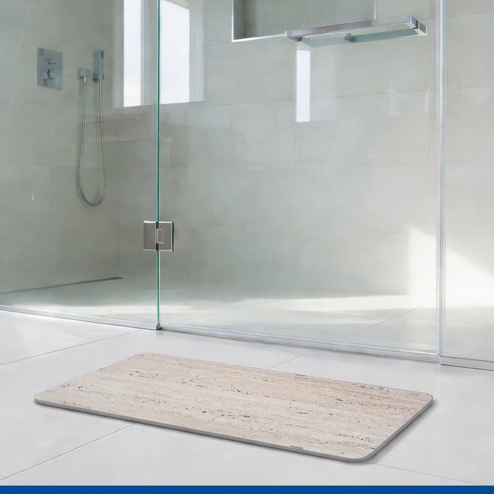 Badematte diatomitt Puna grå 60×39 cm hurtigtørkende i bruk etter dusj