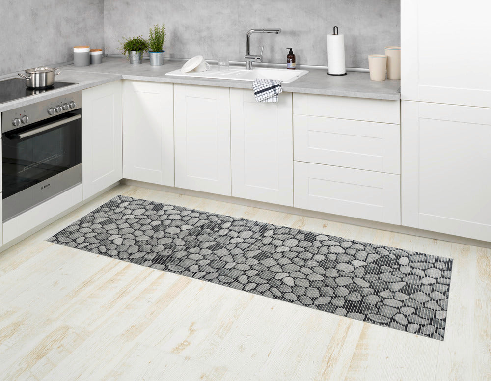 Badematte Sassi grå 65 x 200 cm tilskjærbar PVC teksturdetalj
