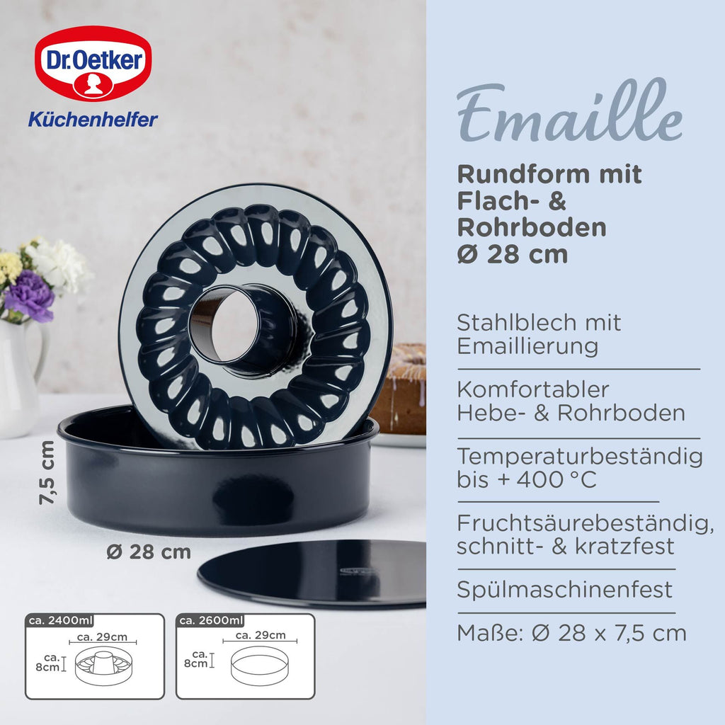 Bakeform med flat- og rørbunn emalje Ø28 cm PFAS-fri Dr. Oetker nærbilde håndtak