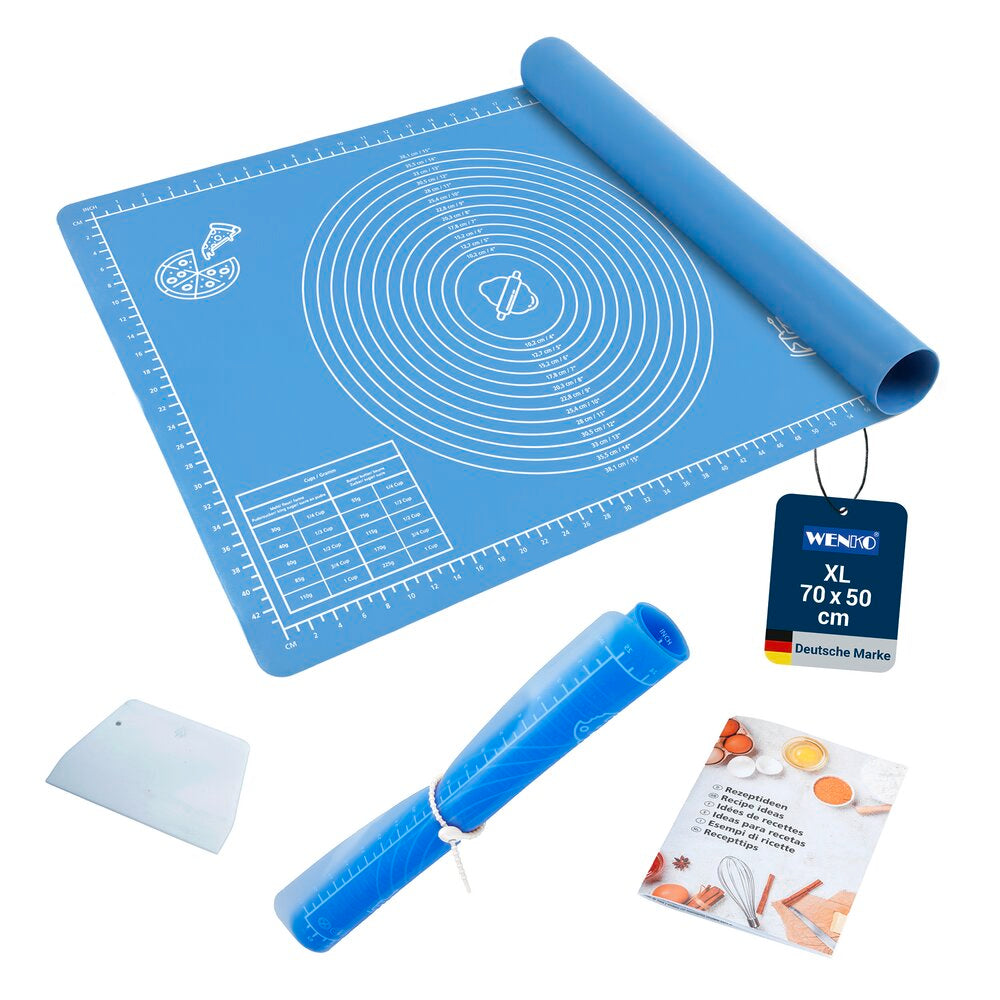 Bakematte silikon non-stick 70×50 cm med deigskraper og oppskriftshefte bakside