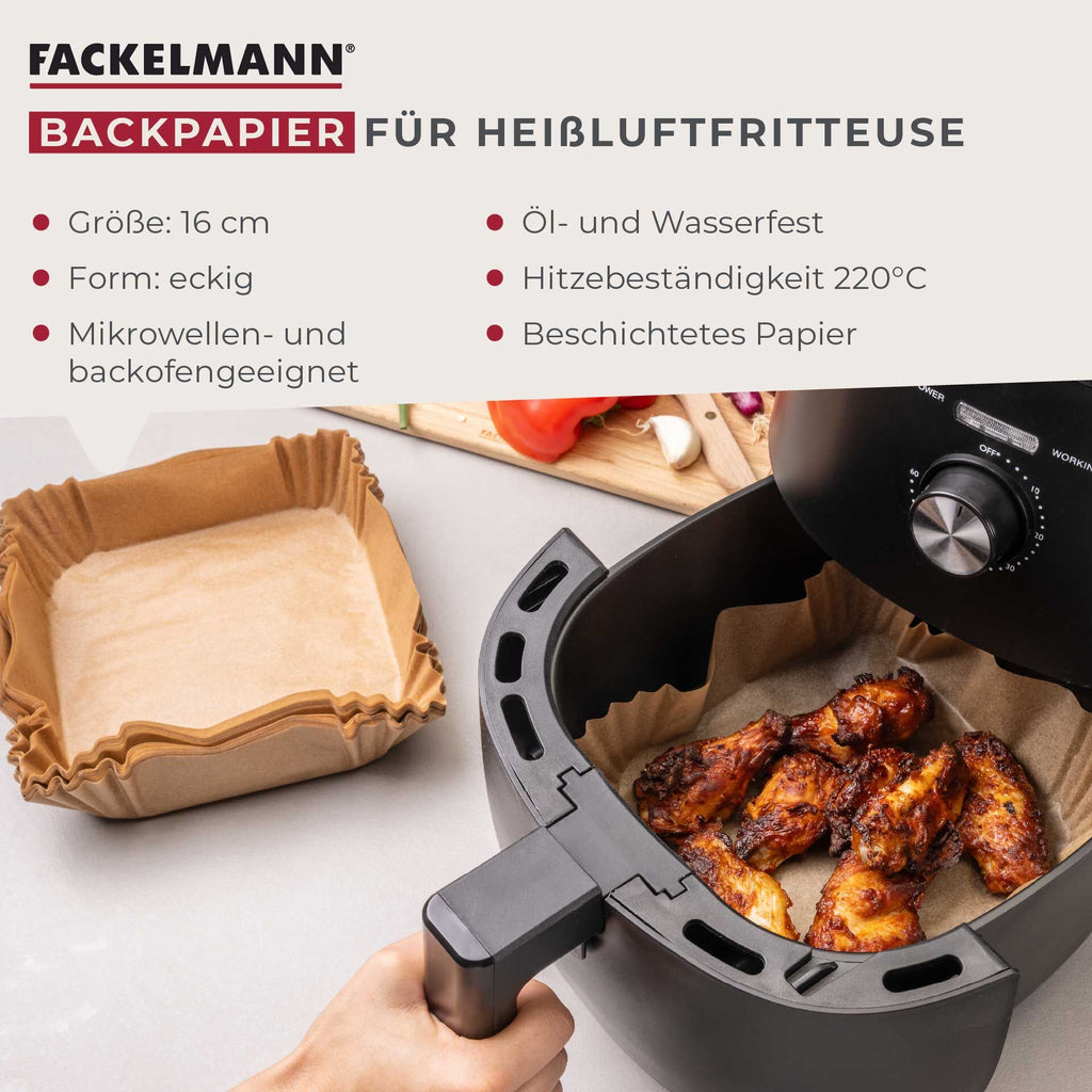 Bakepapir for airfryer firkantet 16 cm, 50 stk - Fackelmann pakket