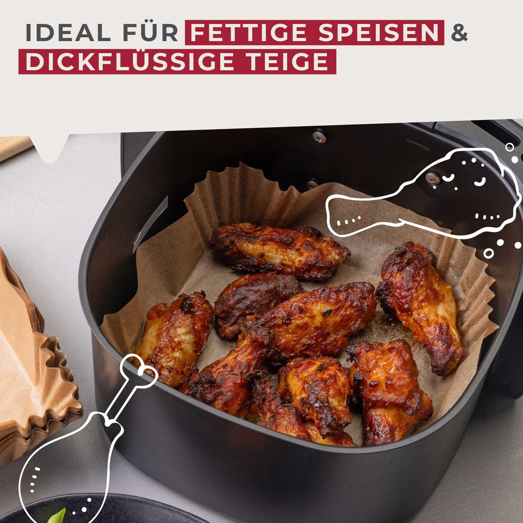 Bakepapir for airfryer firkantet 16 cm, 50 stk - Fackelmann i bruk