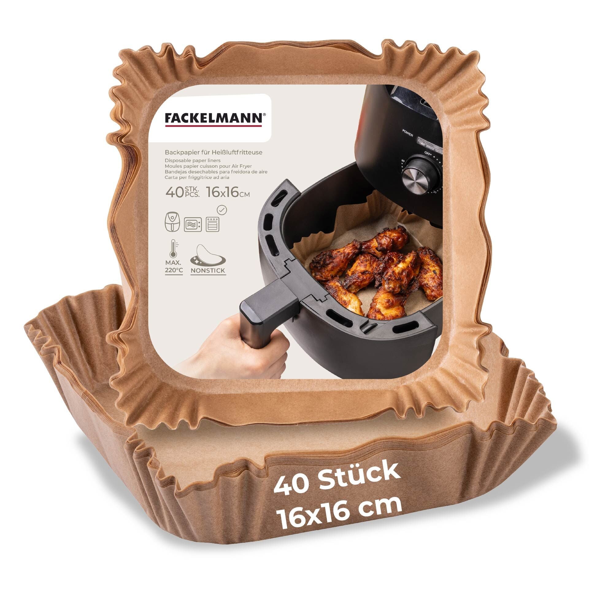 Bakepapir for airfryer firkantet 16x16x4,5 cm 40 stk fra Fackelmann stablet