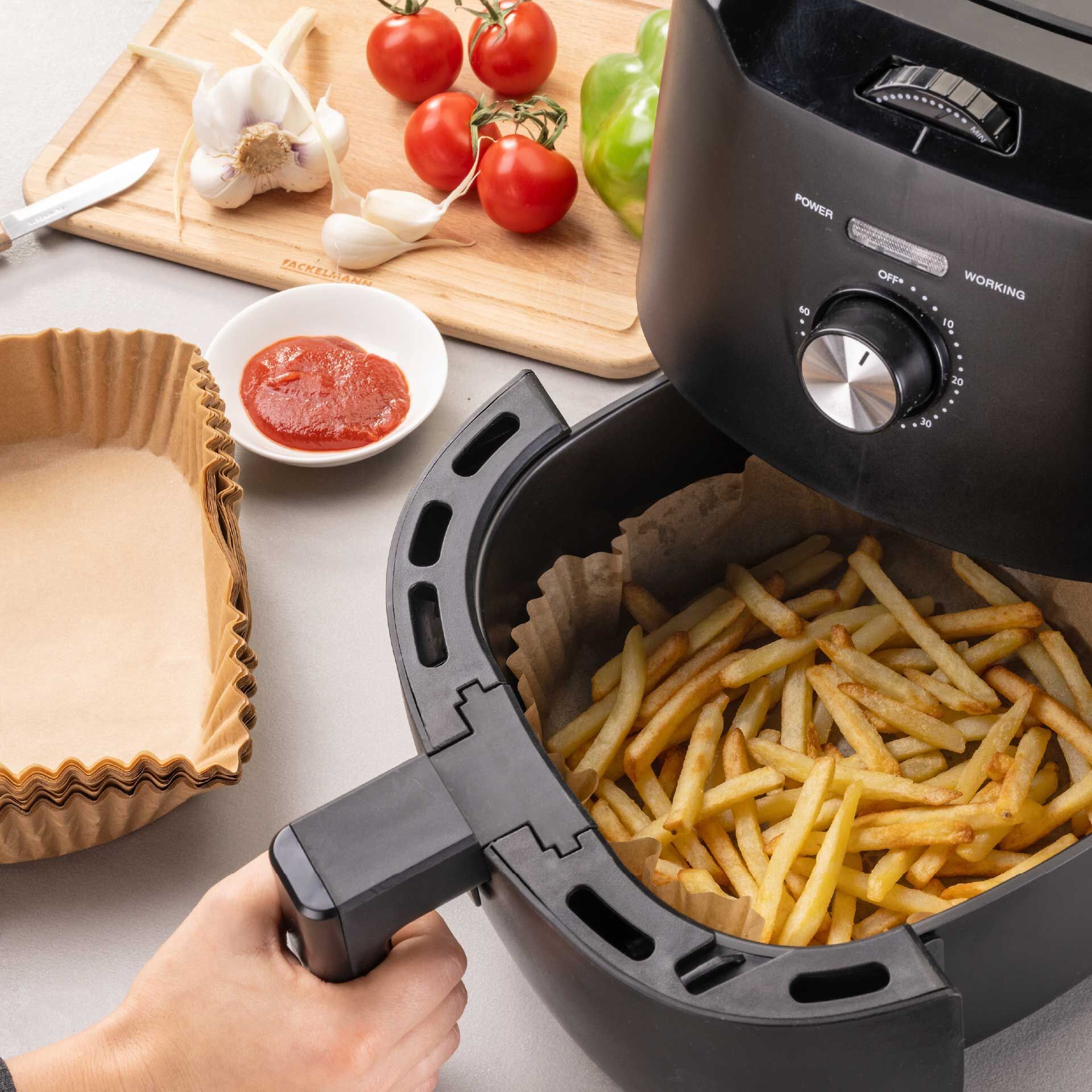 Bakepapir for airfryer firkantet 20x20x4,5 cm 40 stk - Fackelmann bakside