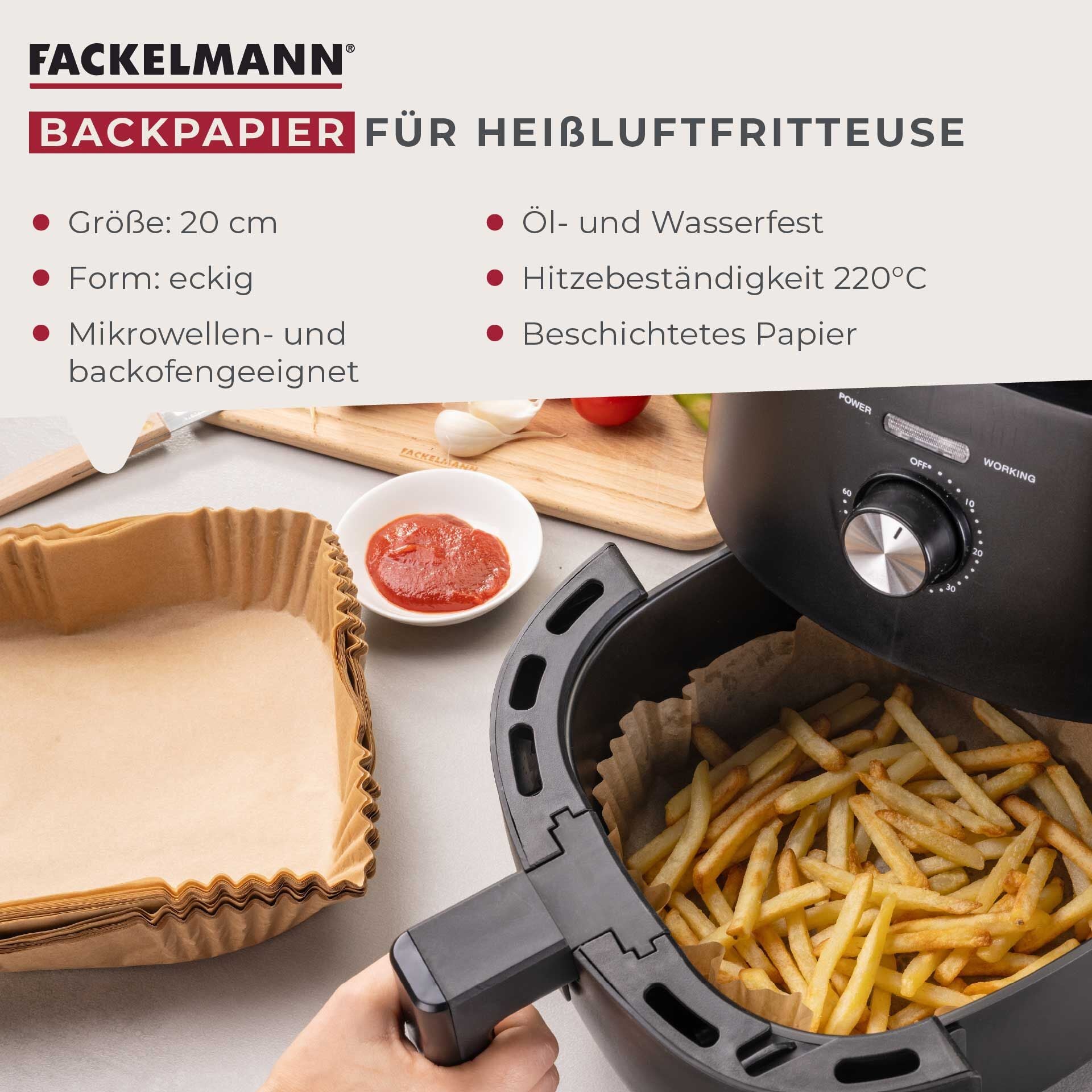 Montert Bakepapir for airfryer firkantet 20x20x4,5 cm 40 stk - Fackelmann i airfryer
