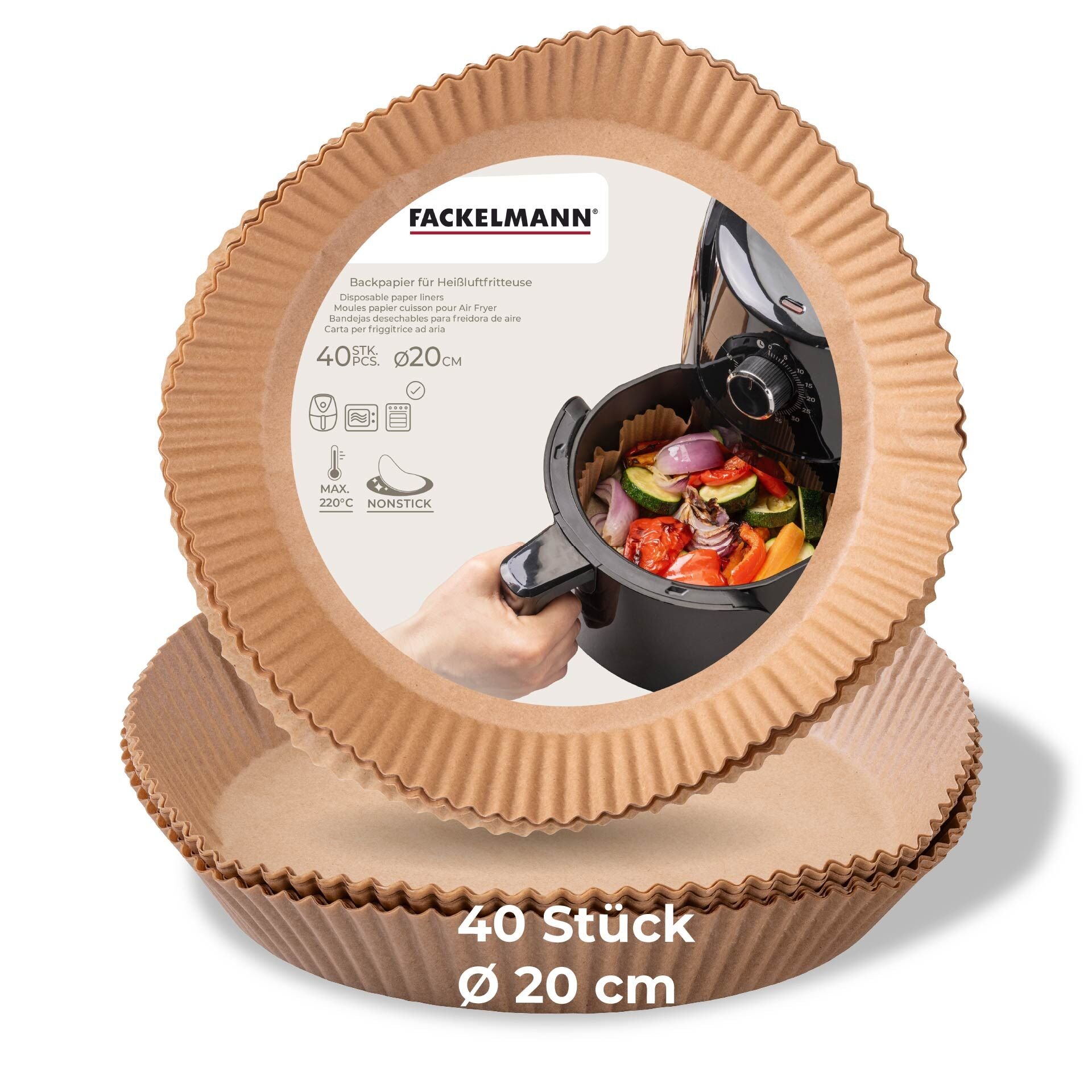 Bakepapir for airfryer rund Ø20 cm 40 stk - Fackelmann emballasje