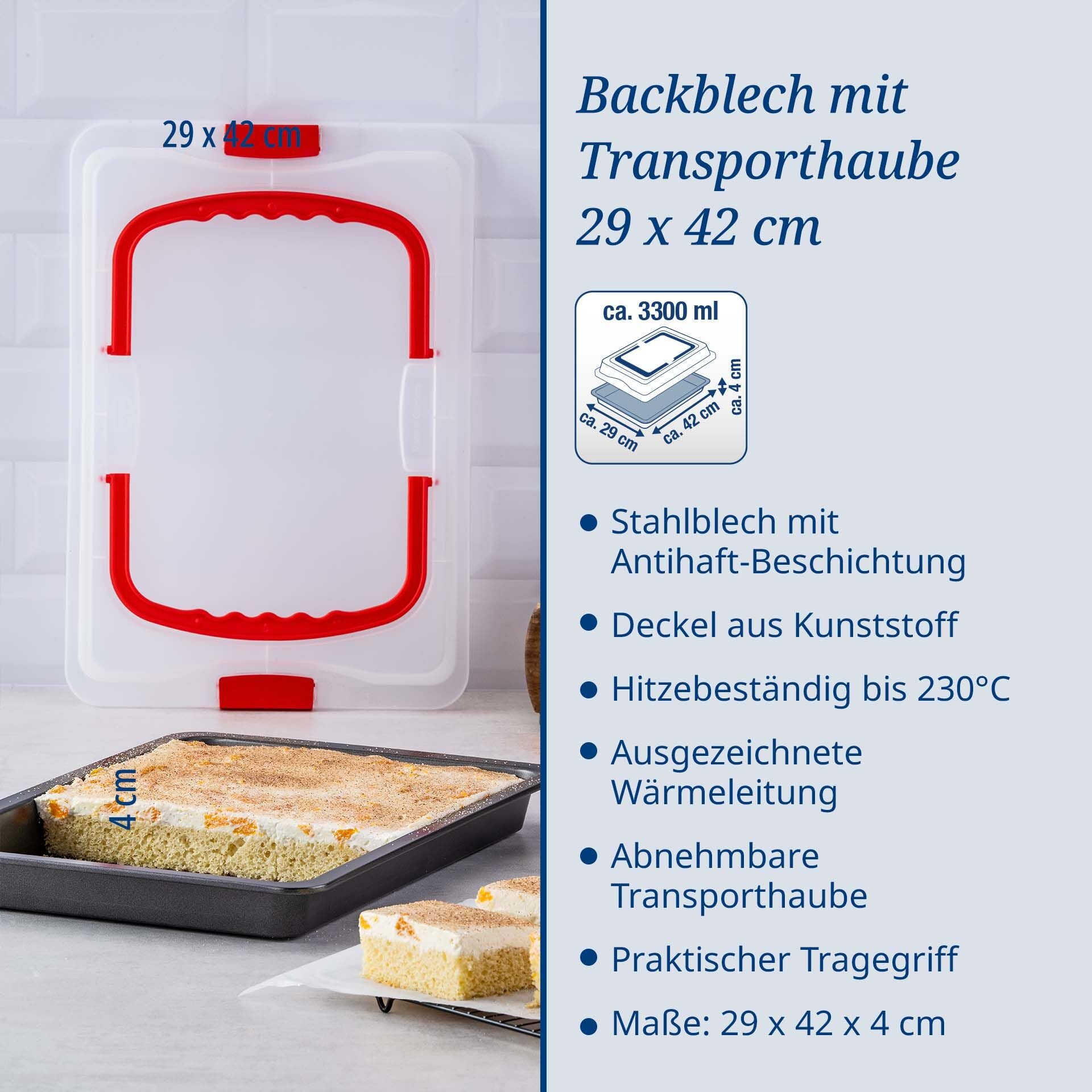 Nærbilde av transportlokk på bakeplate med lokk 29x42 cm Bake & Go Dr. Oetker