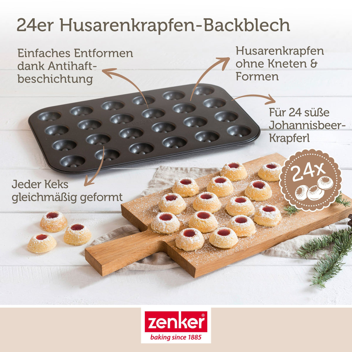 Bakeplate for syltetøykaker 24 stk 38×26,5 cm svart - Zenker med ferdigstekte kaker