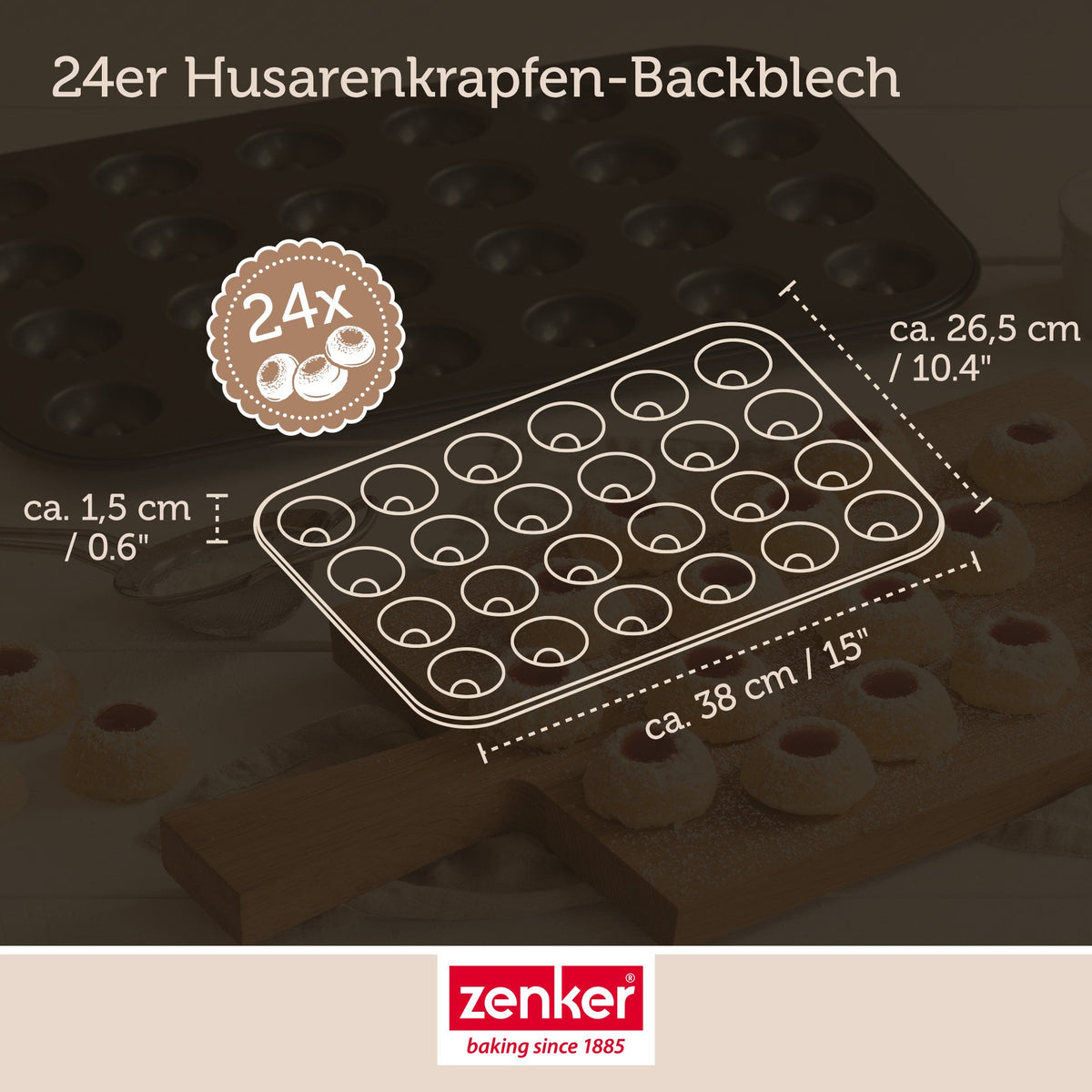 Ferdige syltetøykaker med melis bakt i Bakeplate for syltetøykaker 24 stk 38×26,5 cm svart - Zenker