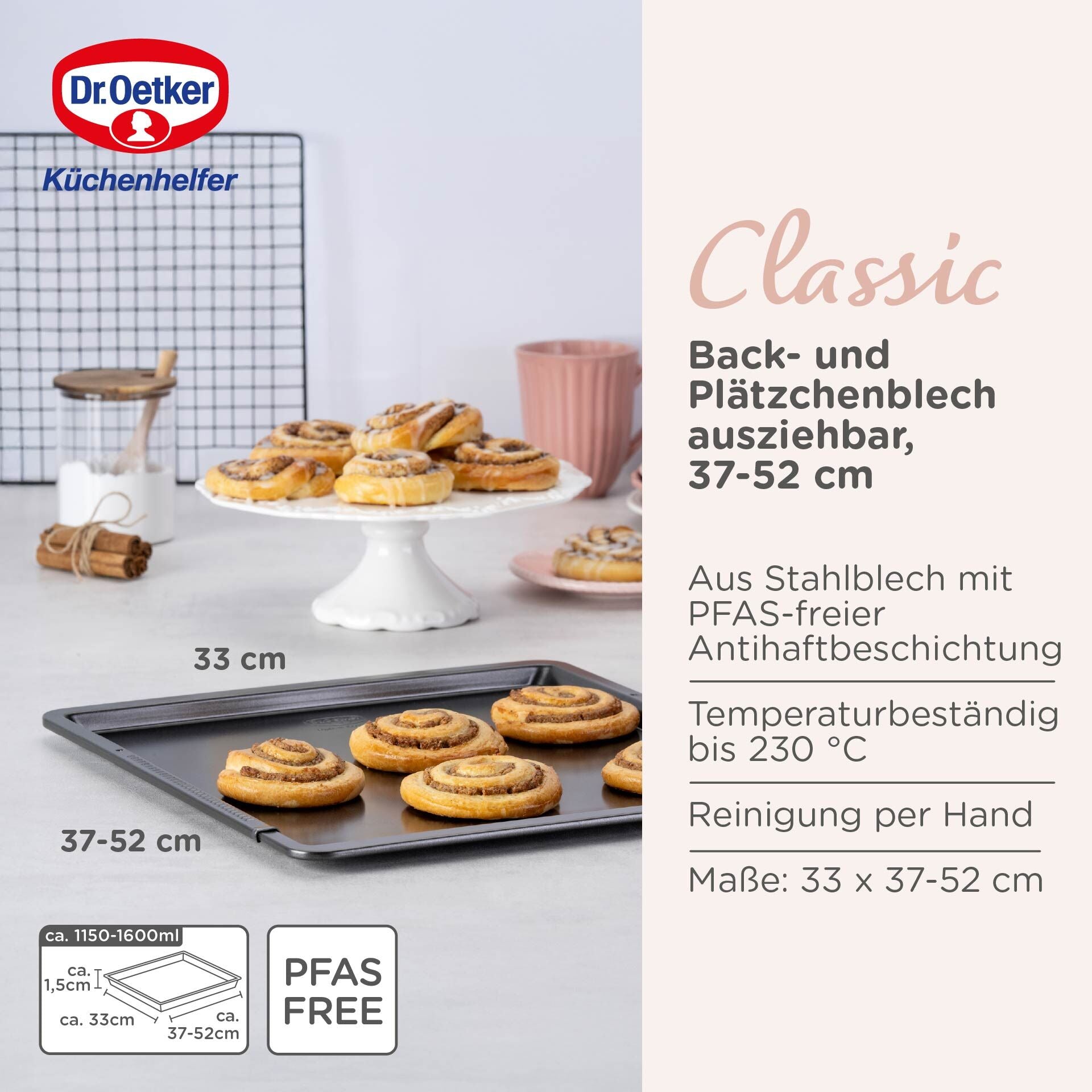 Nærbilde av håndtak på Bakeplate uttrekkbar 33-52 cm non-stick PFAS-fri Dr. Oetker