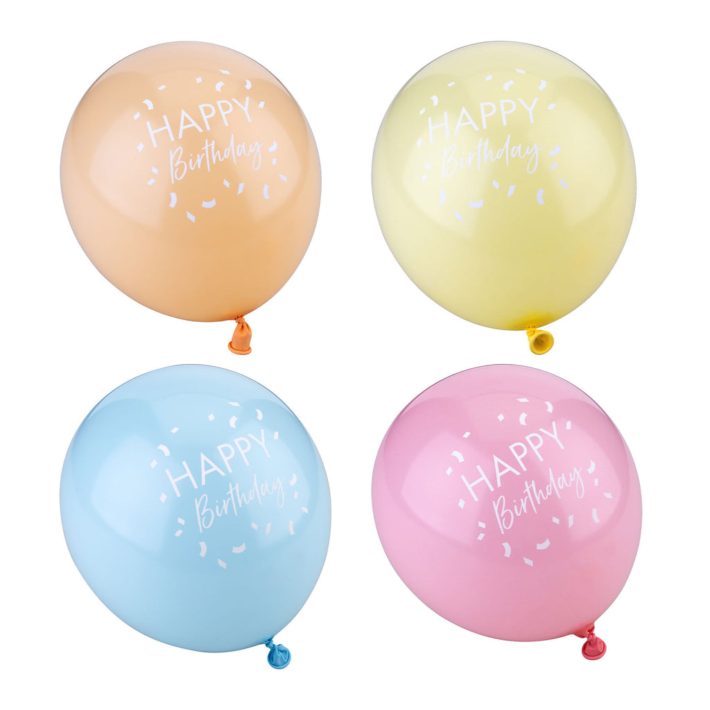 Ballonger Happy Birthday pastellfarger 8 stk forfra