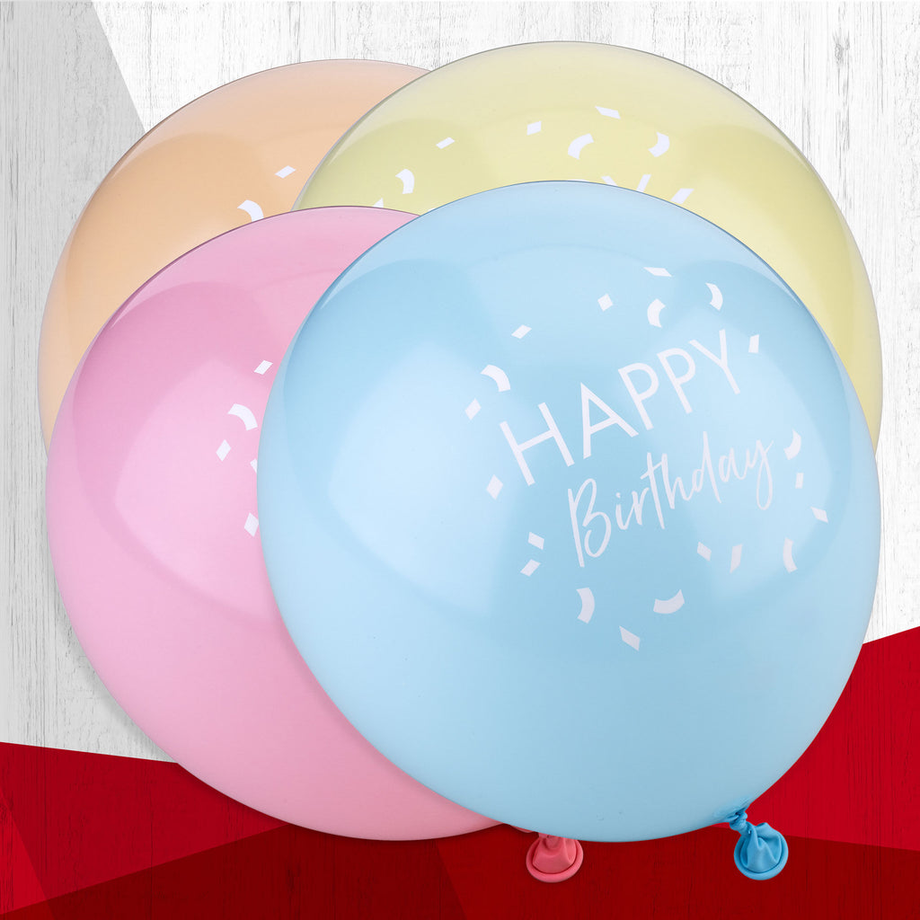 Ballonger Happy Birthday pastellfarger 8 stk detalj