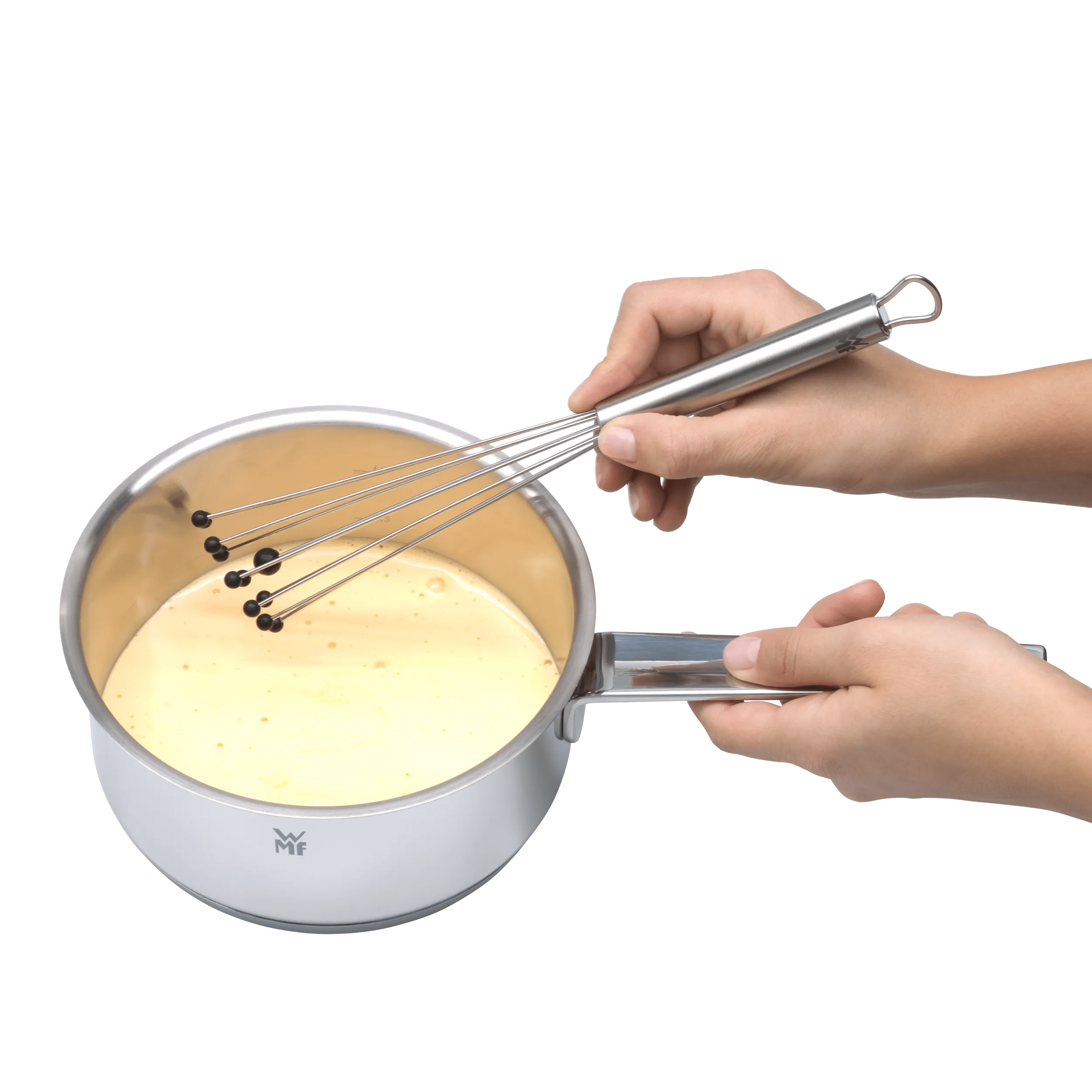 Nærbilde av håndtak på ballongvisp med silikonkuler 27 cm rustfritt stål