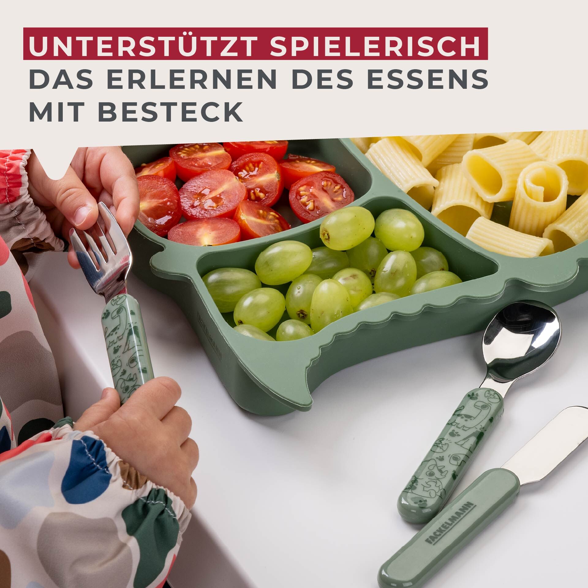 Barnebestikk dino grønn 3-delt rustfritt stål sett