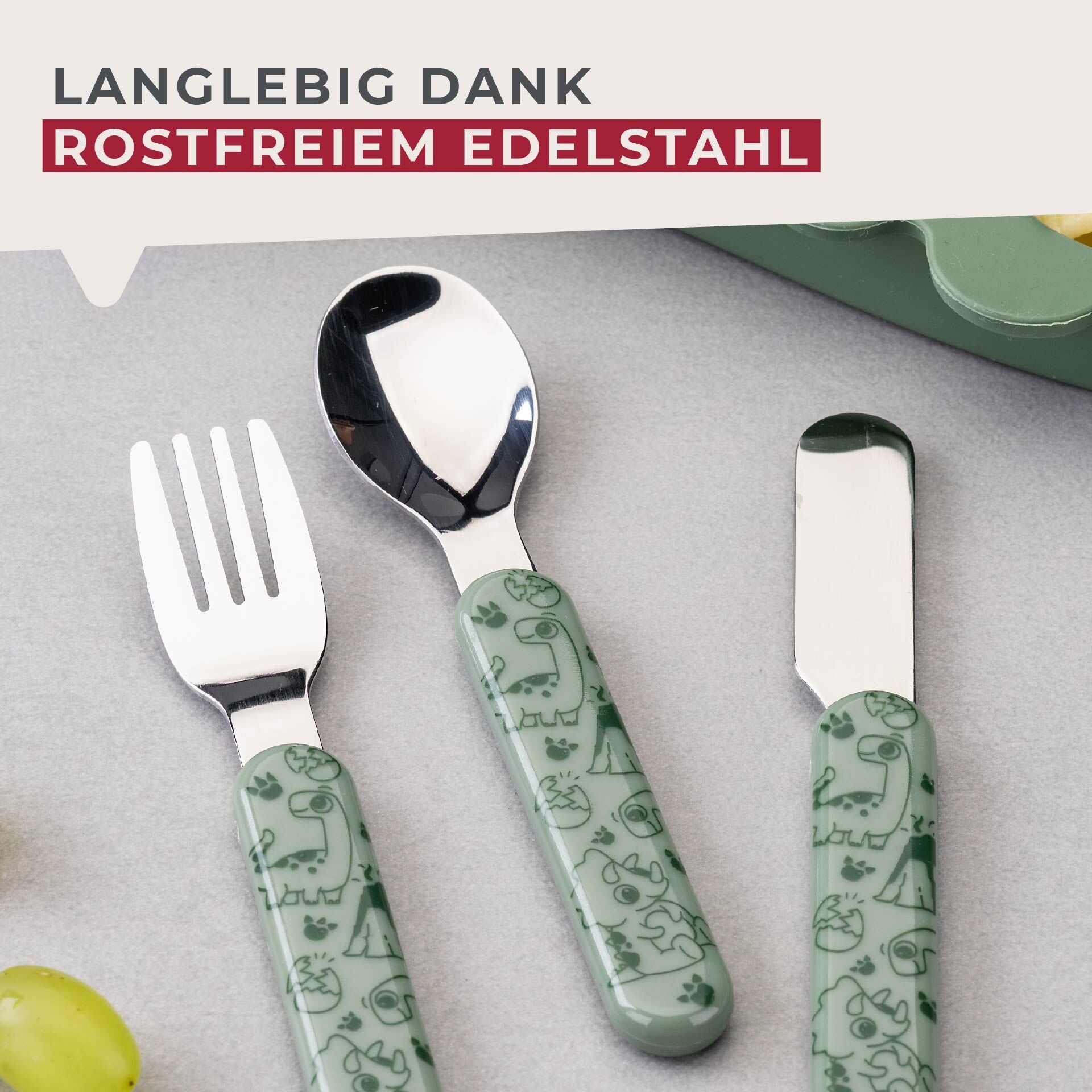 Barnebestikk dino grønn 3-delt rustfritt stål håndtak