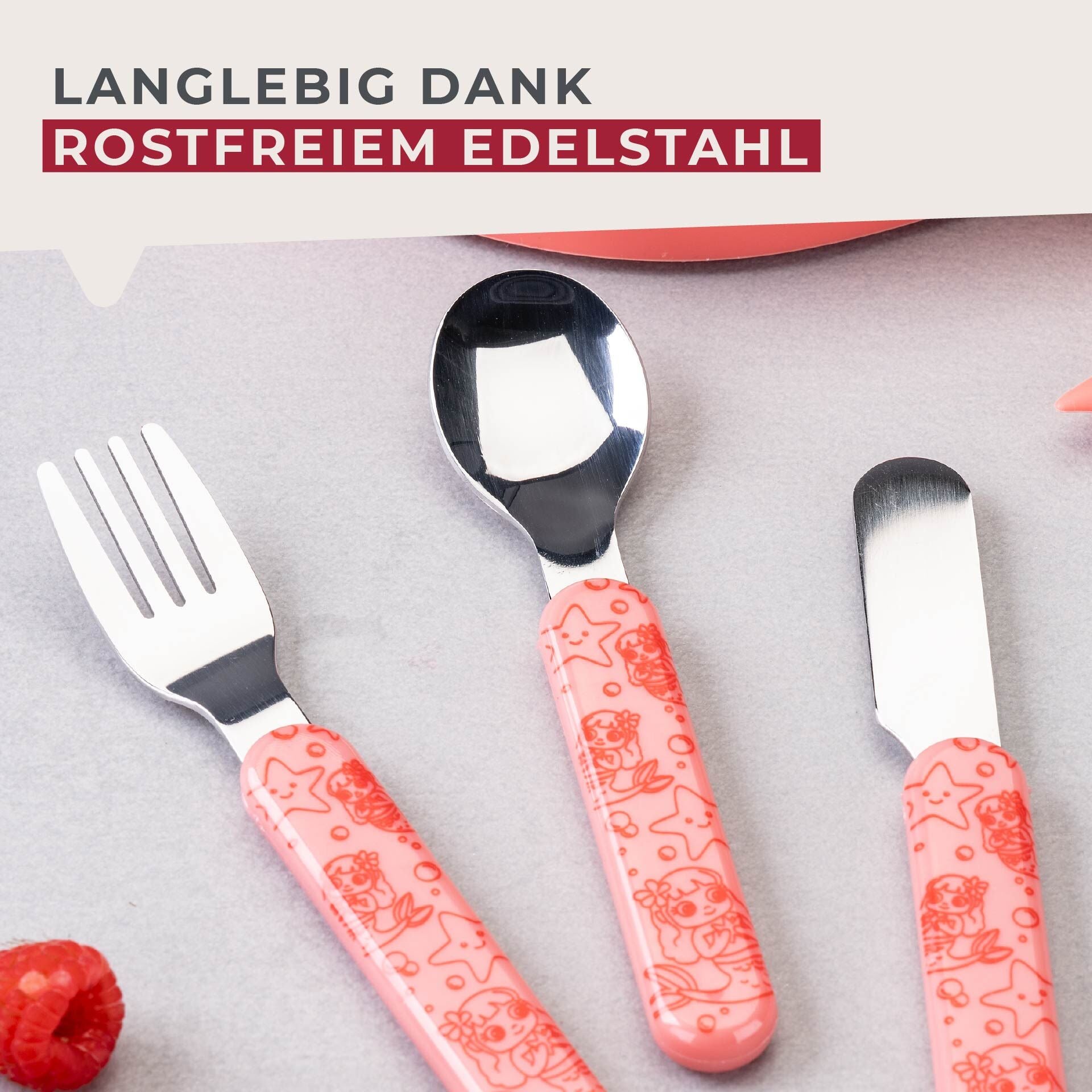 Barnebestikk havfrue rosa 3-delt rustfritt stål bruk