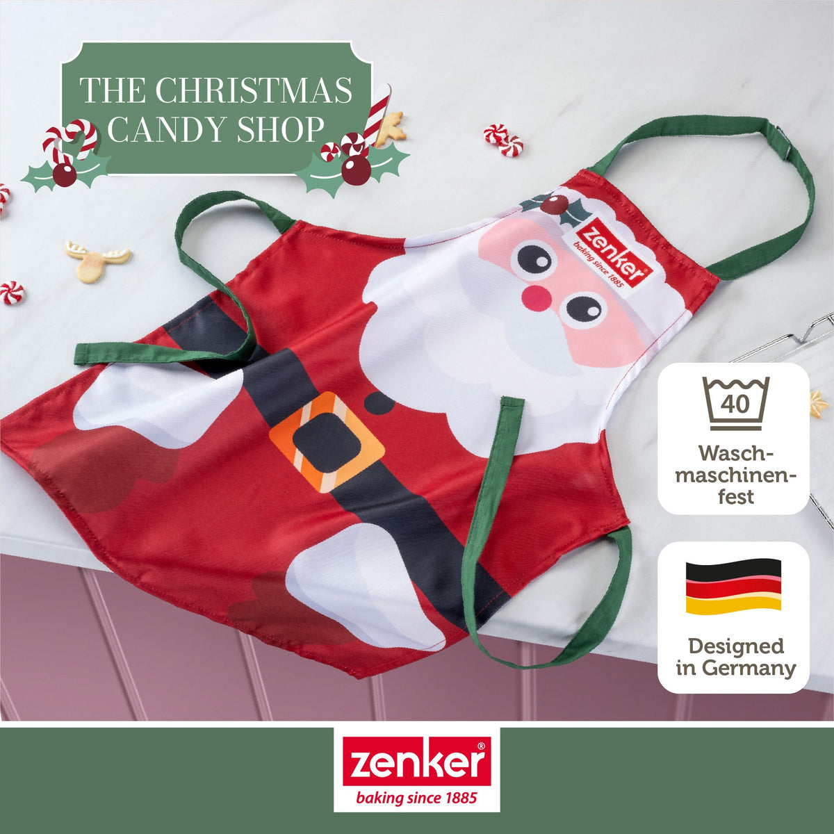 Nærbilde av grønne bomullsbånd på Barneforkle The Christmas Candy Shop rød 58×45 cm - Zenker