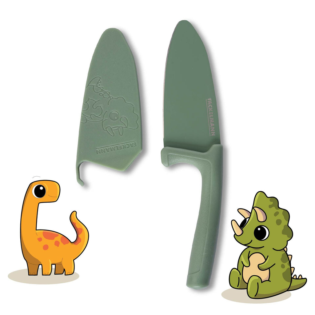 Barnekniv med knivbeskytter dino 9,5 cm 2-delt sett - nærbilde av knivblad