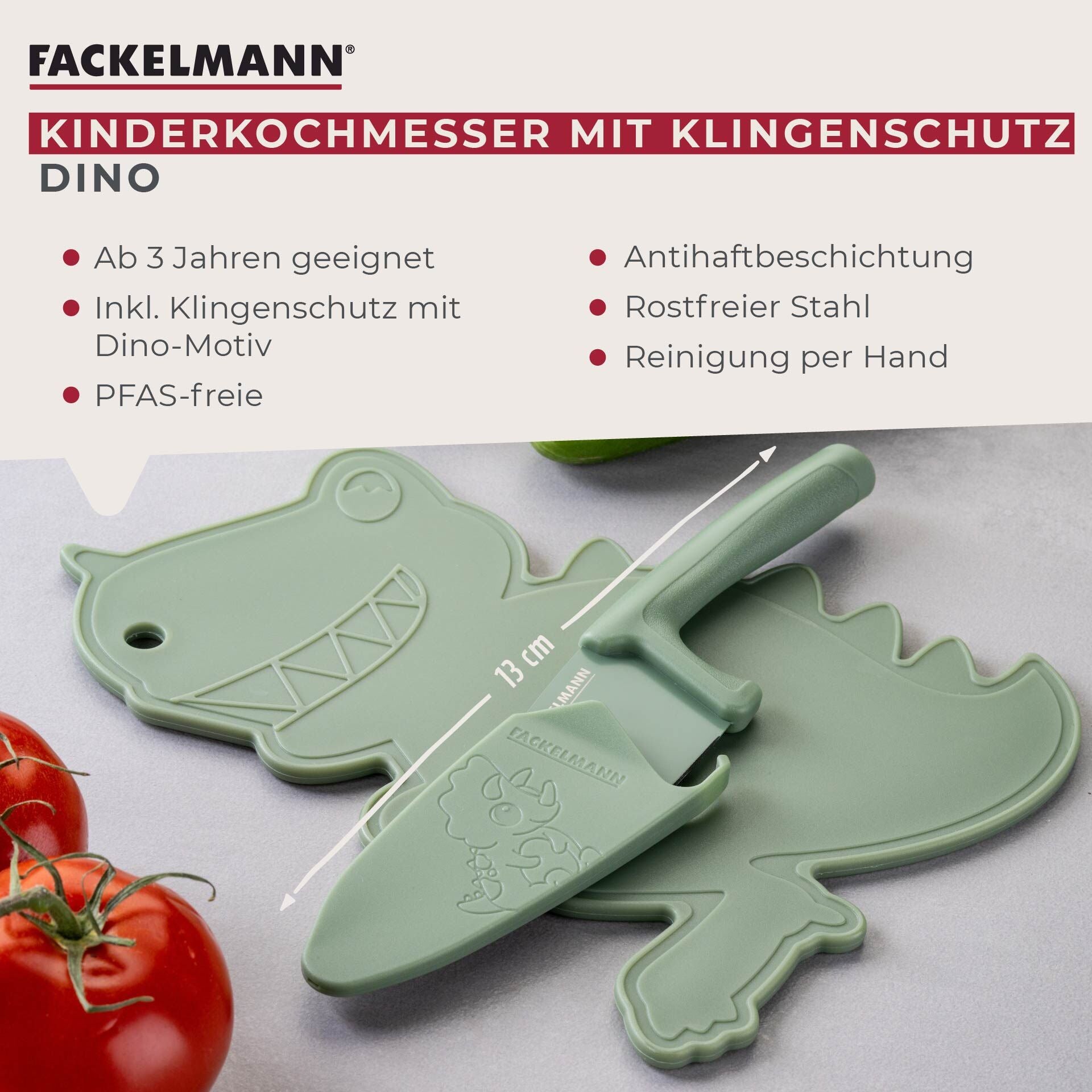Barnekniv med knivbeskytter dino 9,5 cm 2-delt sett - nærbilde av grep
