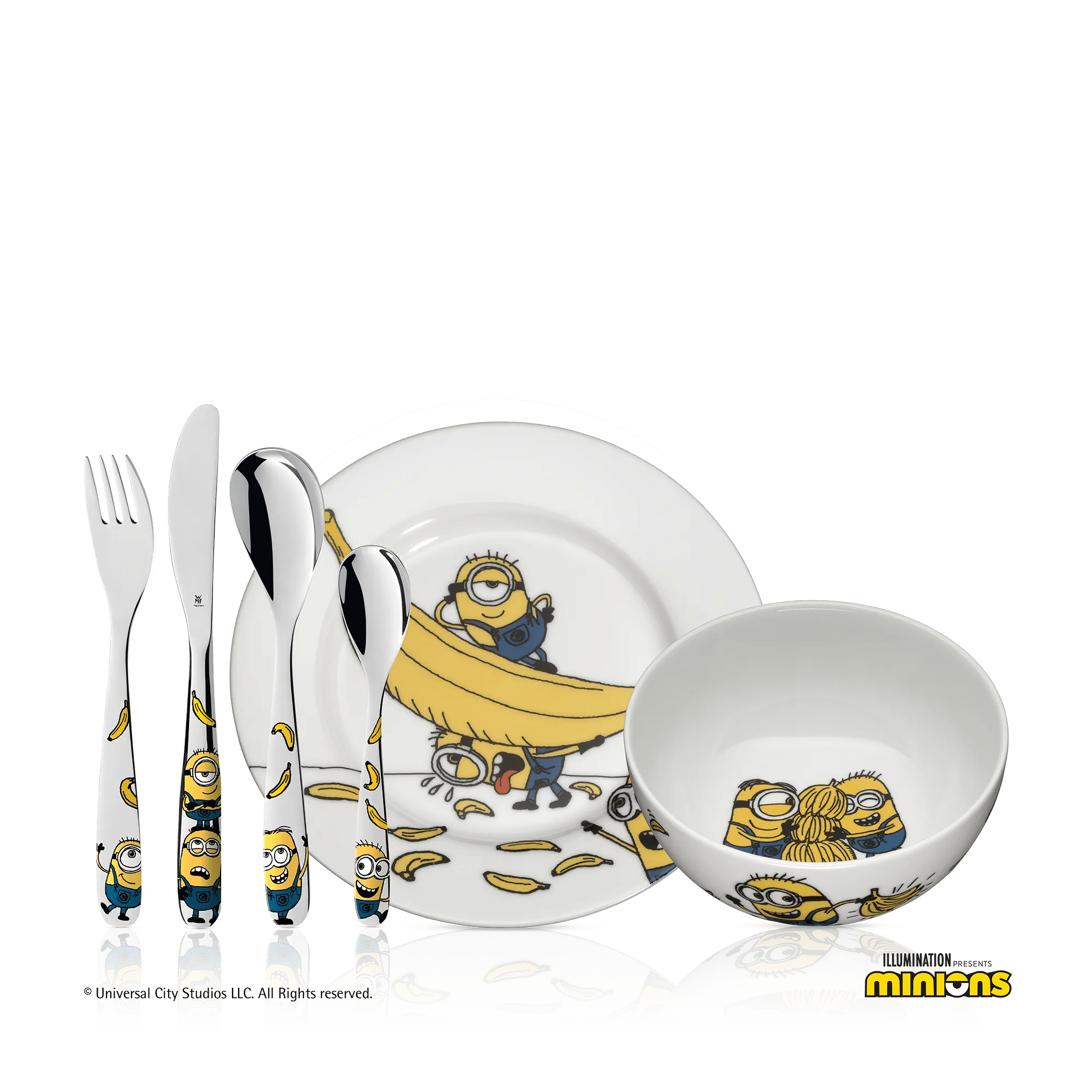 Barneservise Minions® 6-delt bestikk og porselen forfra