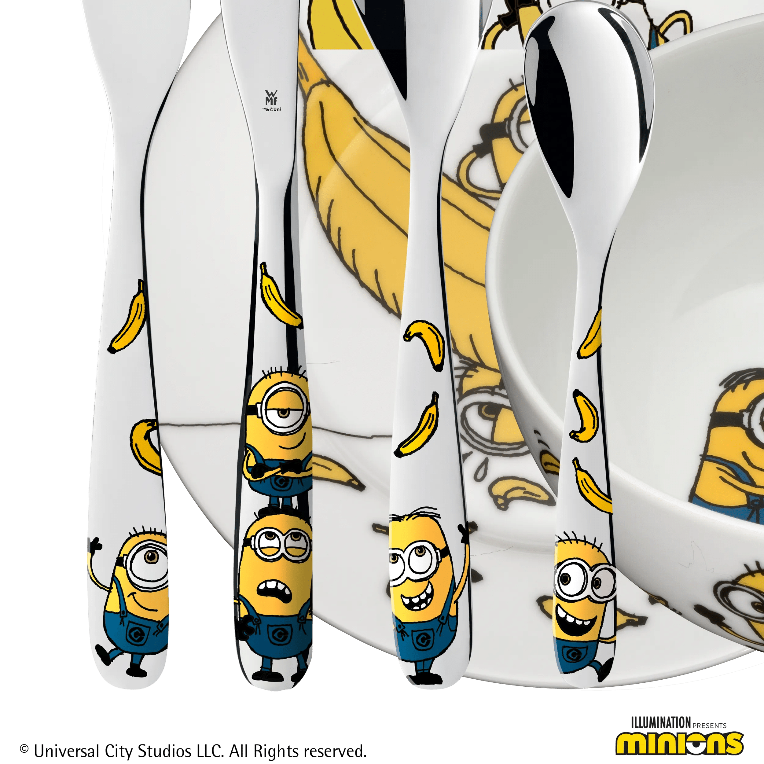 Nærbilde av motiv på Barneservise Minions® 6-delt bestikk og porselen