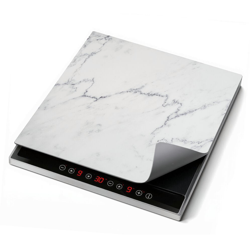 Bakside av beskyttelsesmatte for koketopp 60x52 cm hvit marmormønster