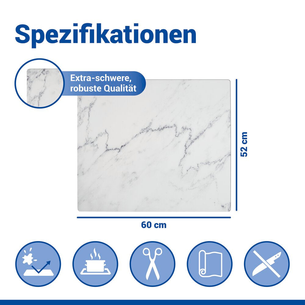 Detalj av tekstur på beskyttelsesmatte for koketopp 60x52 cm hvit marmormønster