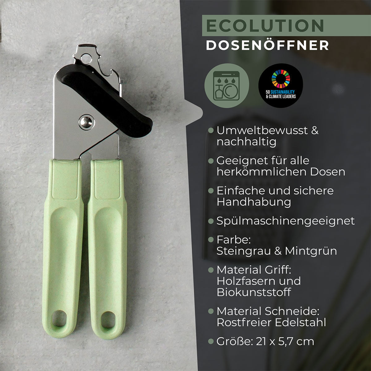 Boksåpner Ecolution med trefibergrep rustfritt stål detalj av åpneren