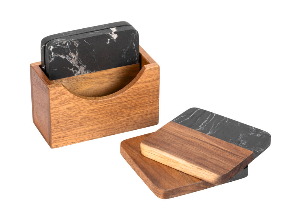 Bordskånere marmor/akasietre svart/natur 10x10 cm med holder forfra