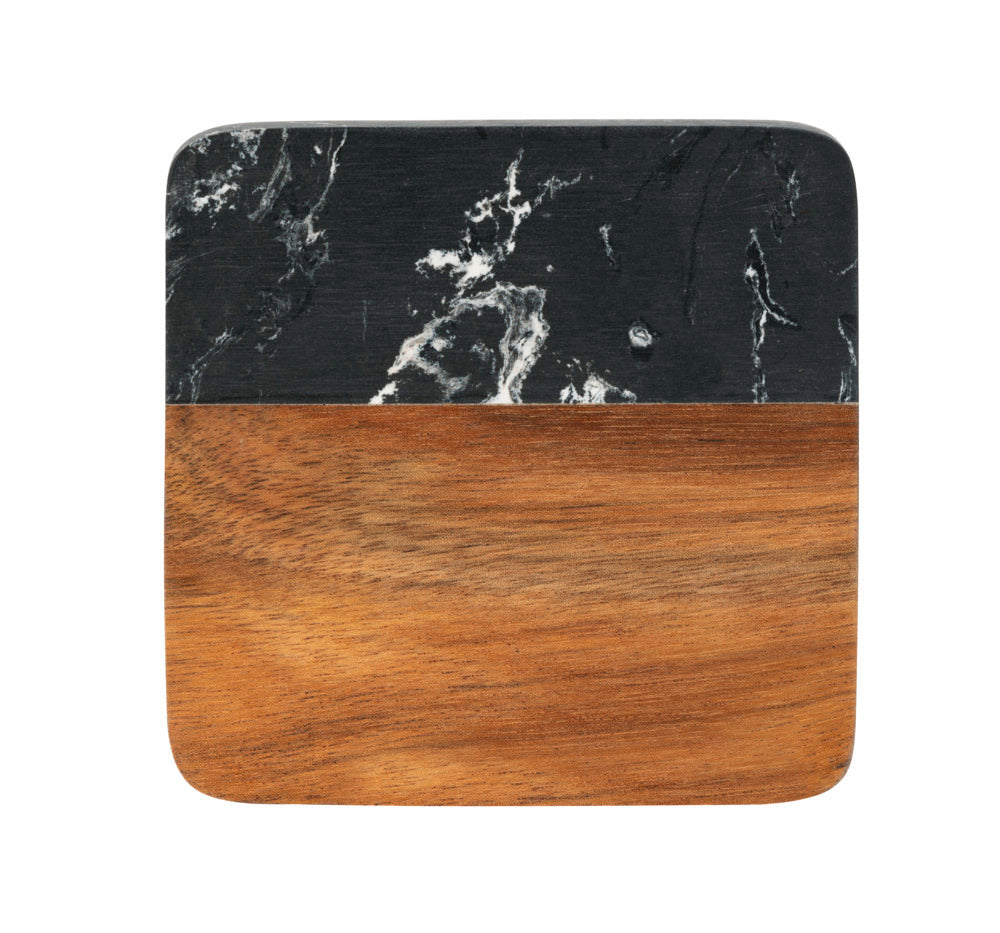 Bordskånere marmor/akasietre svart/natur 10x10 cm med holder bakside