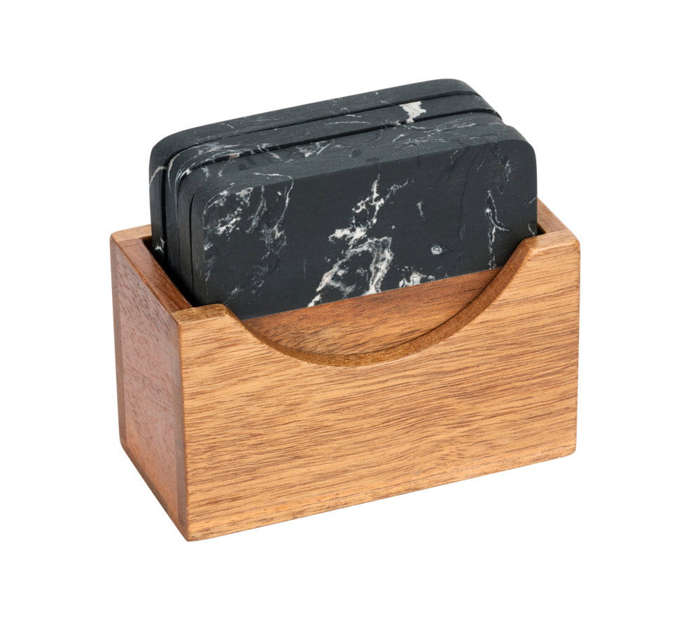 Montert bordskånere marmor/akasietre svart/natur 10x10 cm med holder