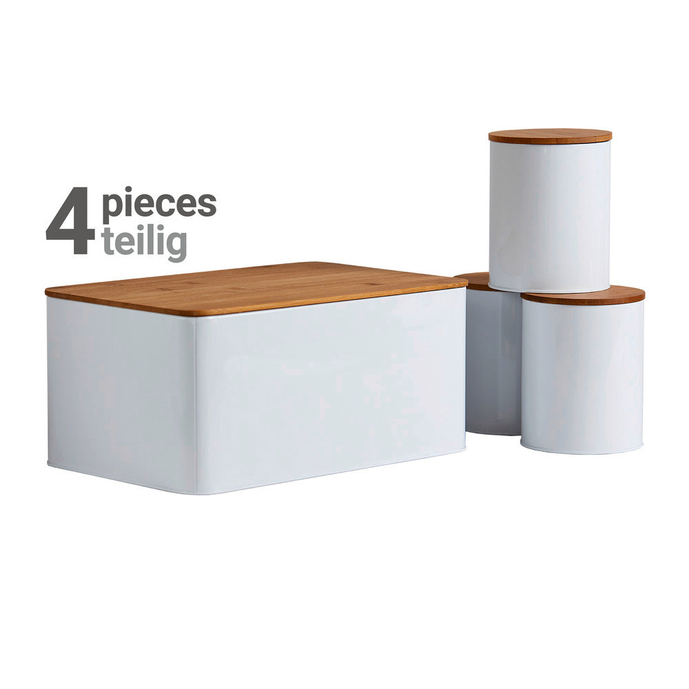 Brødboks sett hvit metall med bambuslokk 32,5x21x15 cm 4-delt - Wenko bakside