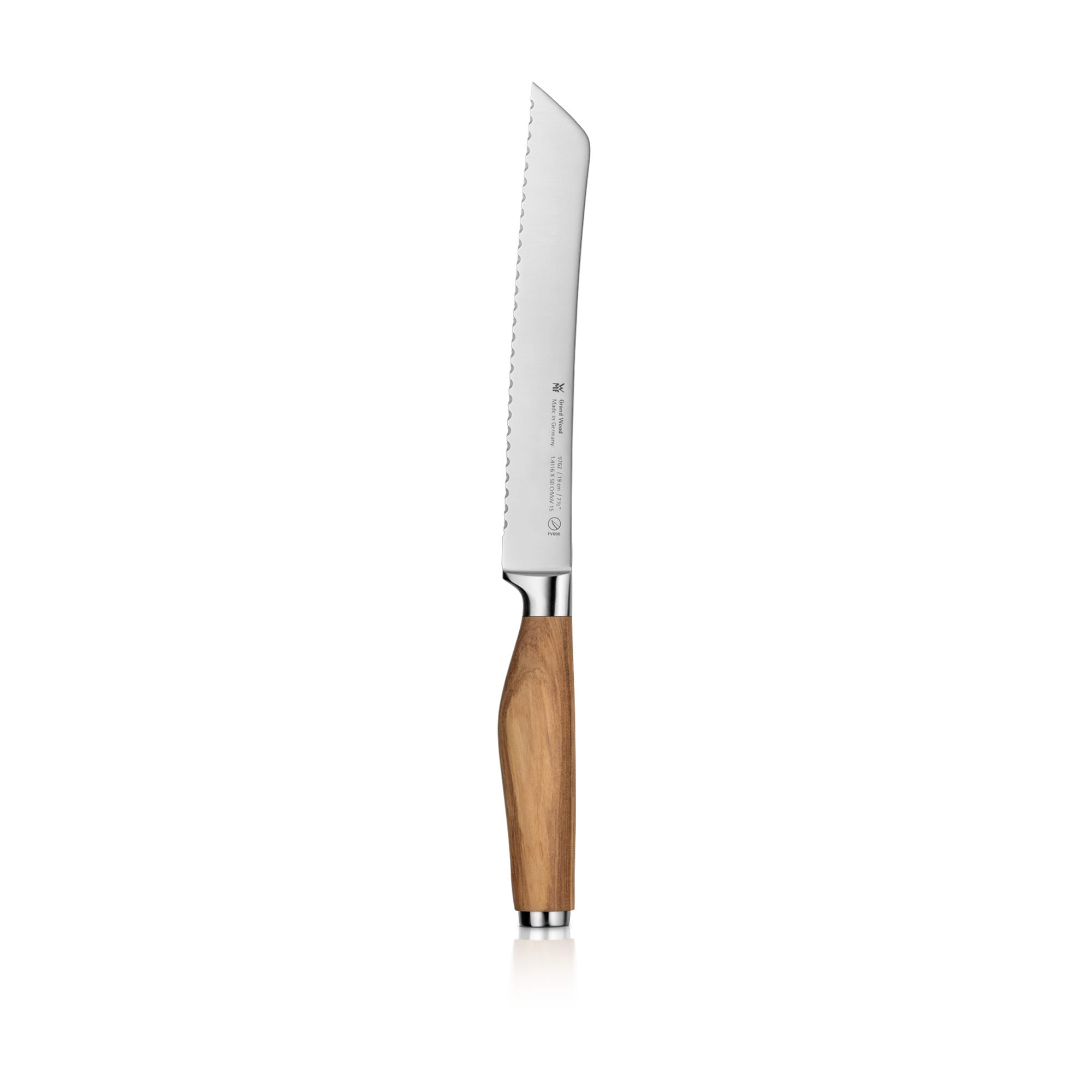 Brødkniv 19 cm bølgeslipt oliventre Grand Wood WMF forfra