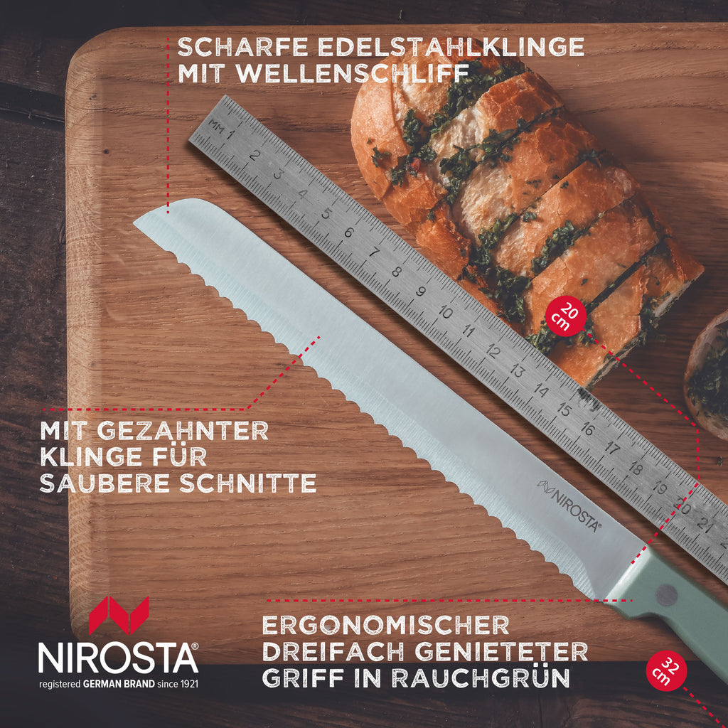 Brødkniv Trio 20 cm rustfritt stål bølgeslipt montert på skjærefjøl