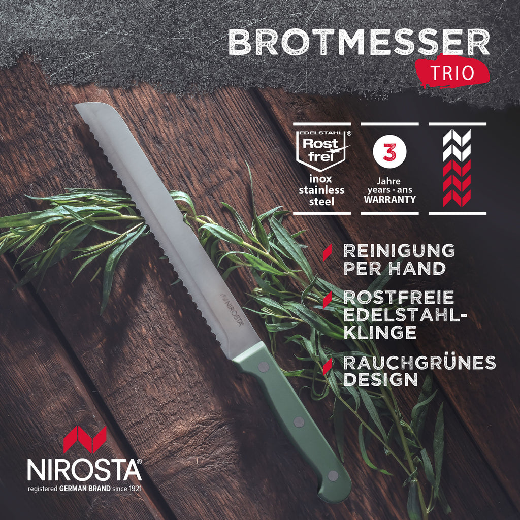 Nærbilde av bladet på Brødkniv Trio 20 cm rustfritt stål bølgeslipt