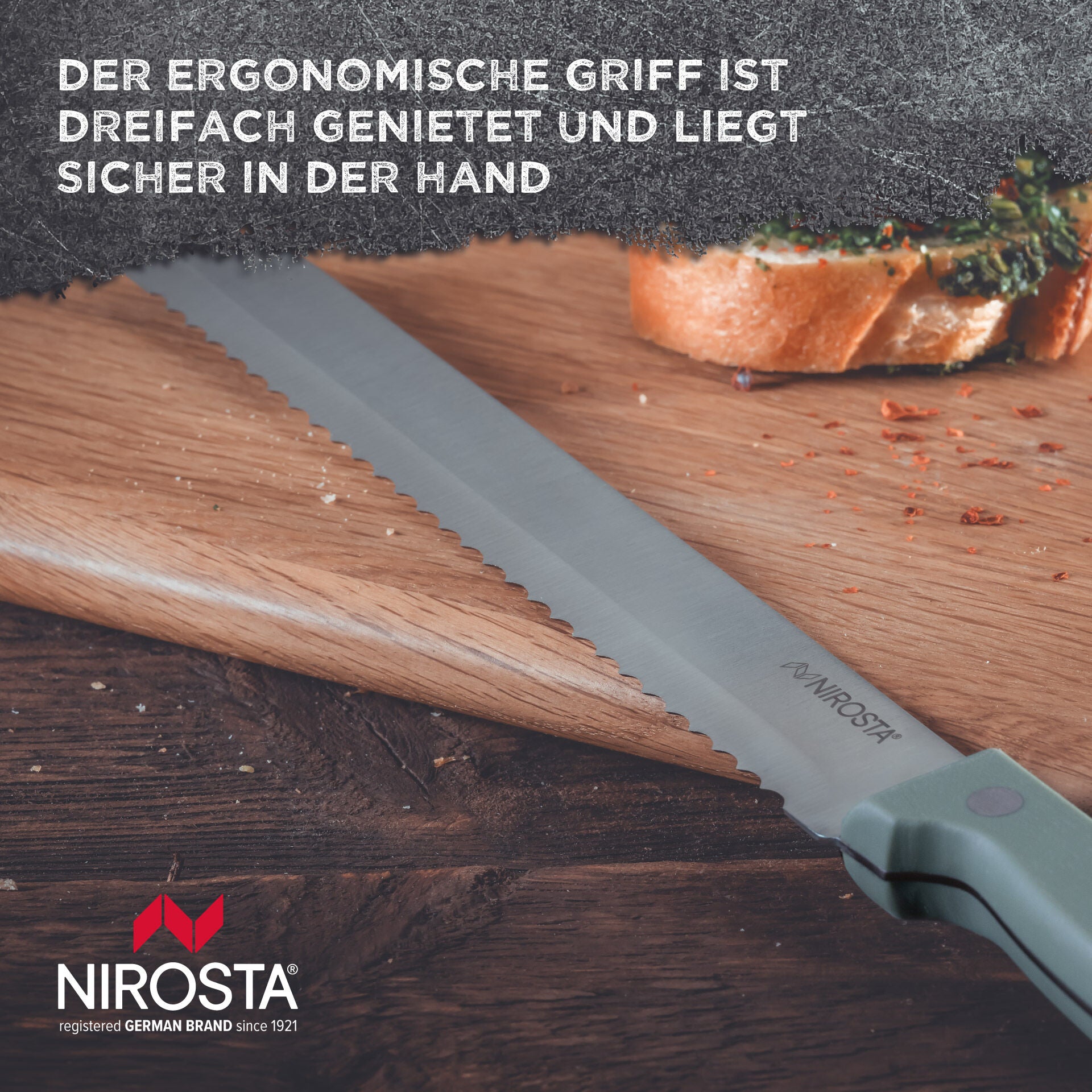 Brødkniv Trio 20 cm rustfritt stål bølgeslipt sammen med brød