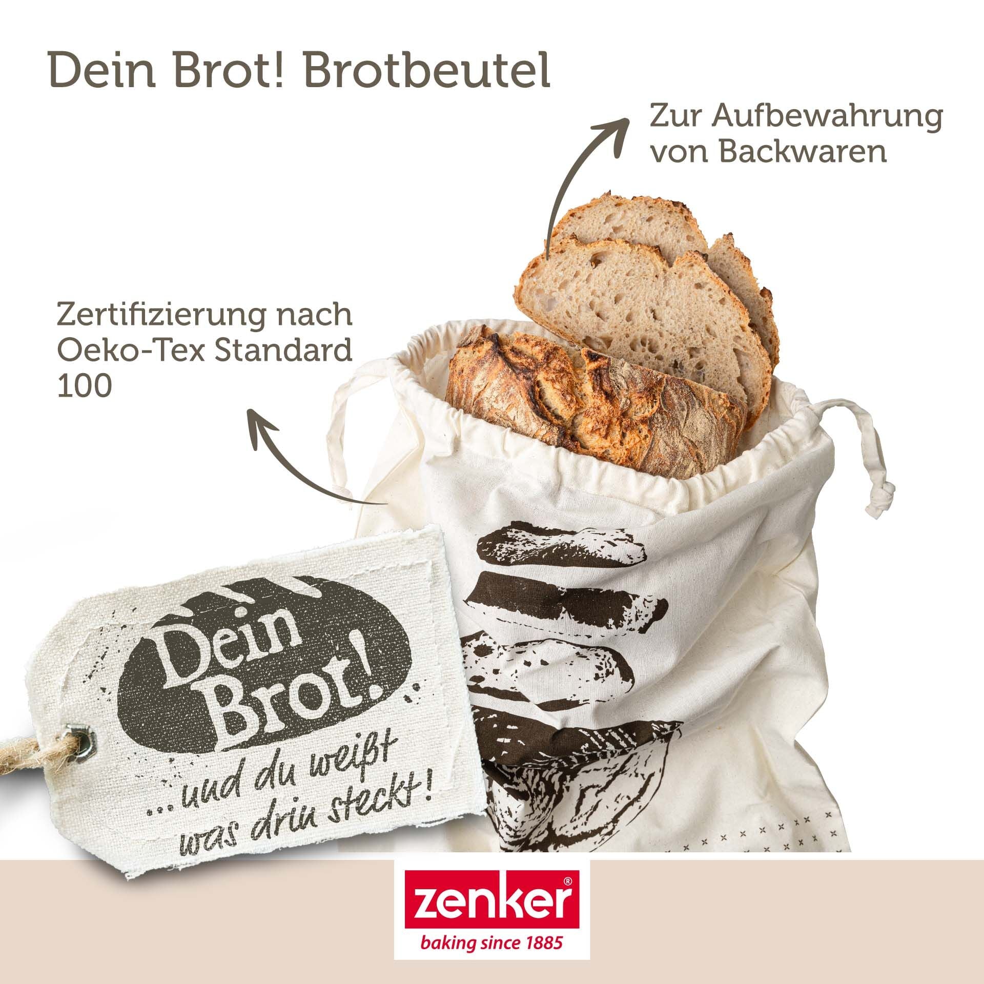 Nærbilde av stoff og motiv på brødpose bomull 45x38 cm Dein Brot Zenker