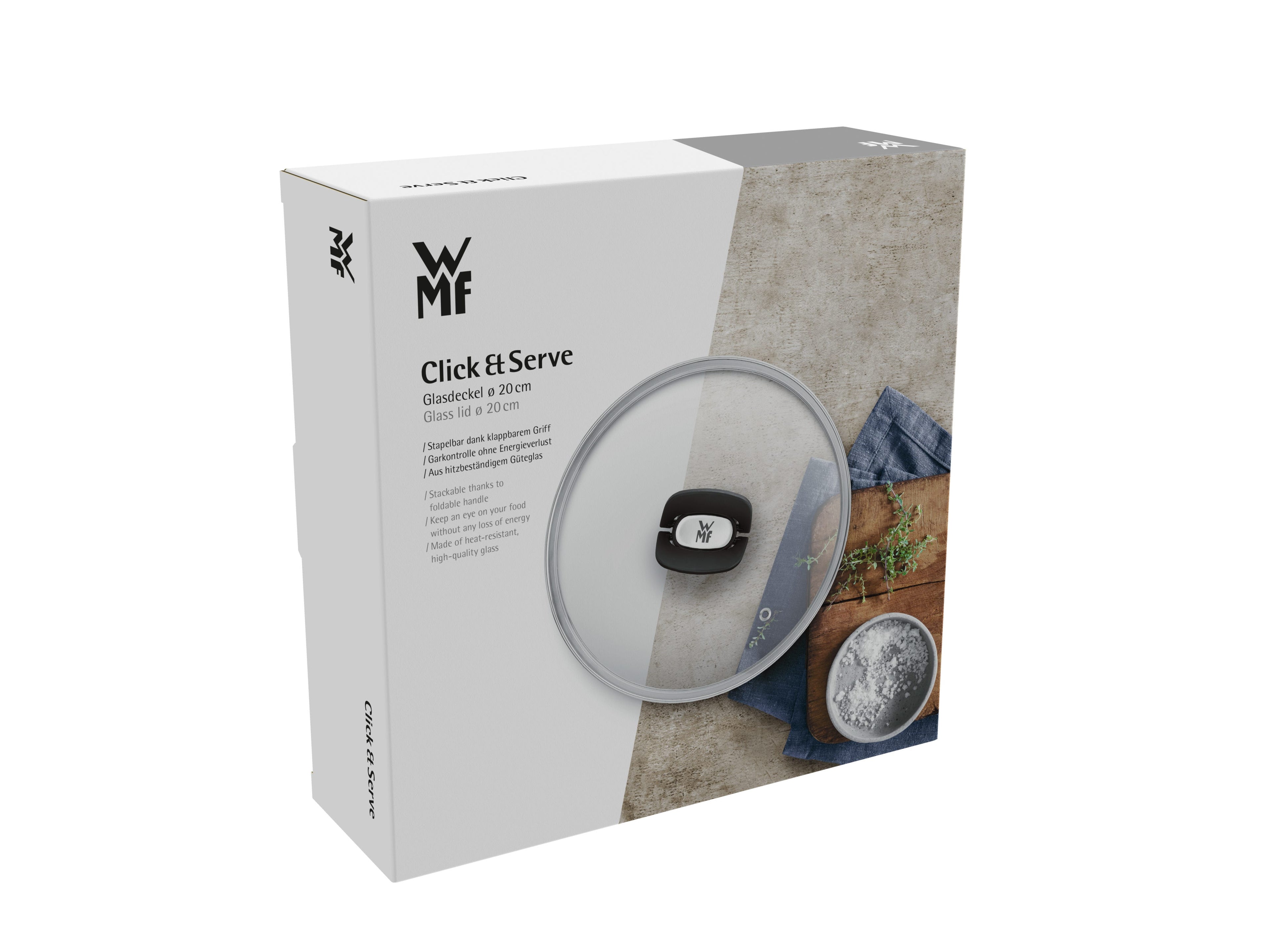 Nærbilde av Click&Serve glasslokk 20 cm med bakelitthåndtak