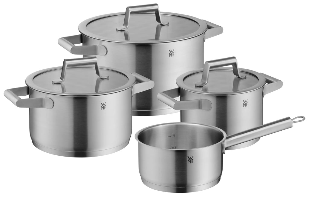 Forfra av Comfort Line grytesett 4-delt rustfritt stål induksjon med glasslokk