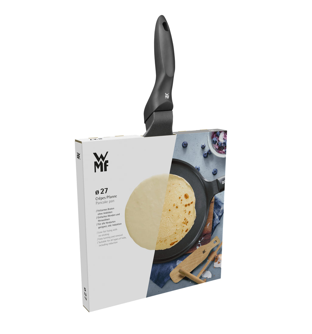 Crêpepanne 27 cm non-stick med deigfordeler og spade - WMF montert på komfyr