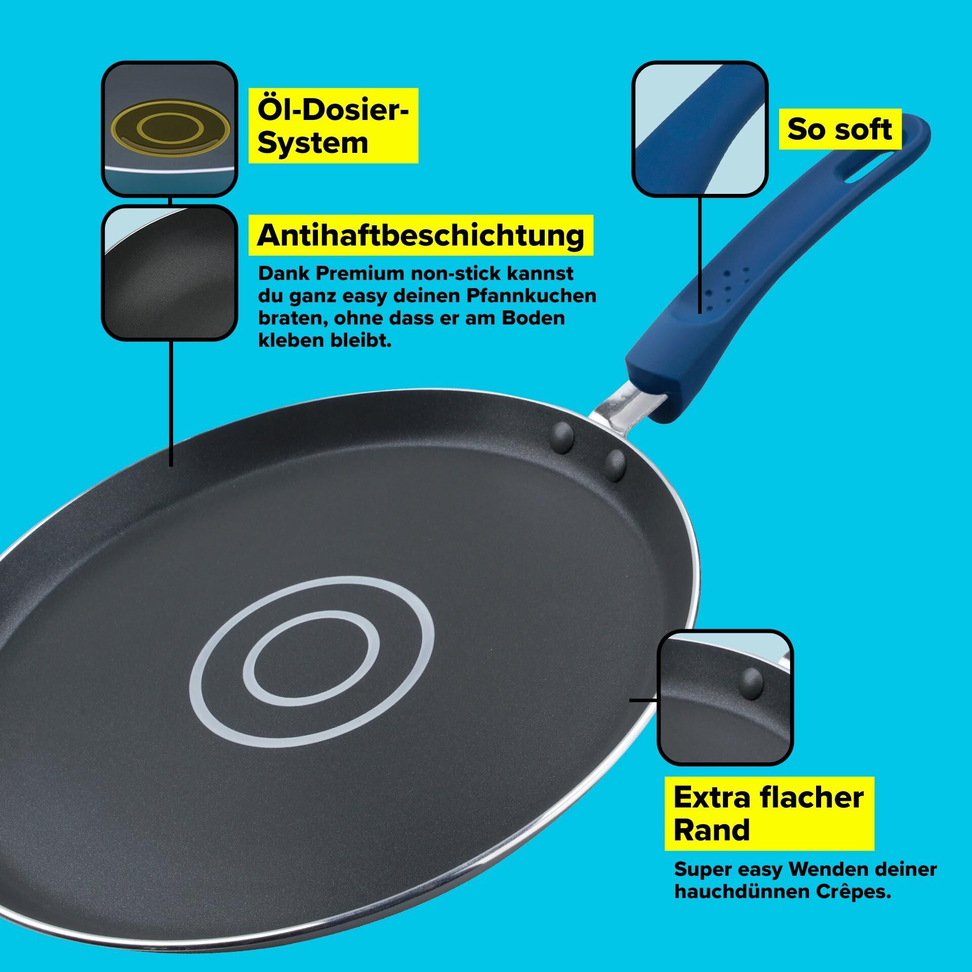 Nærbilde av soft-touch håndtak på Crêpepanne non-stick Ø26 cm aluminium - Tasty