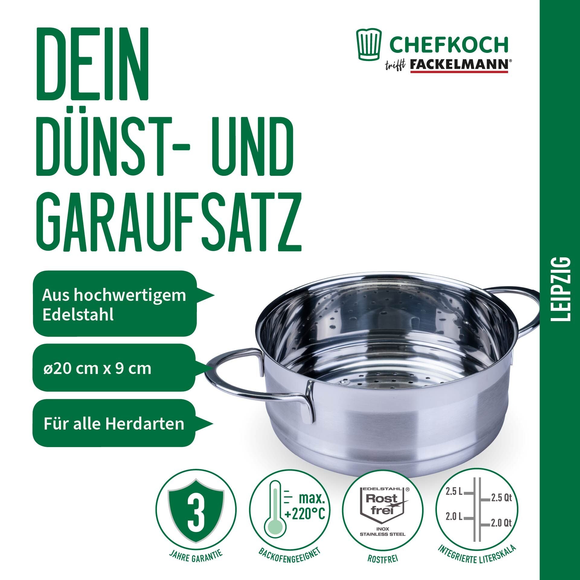 Nærbilde av kant på dampinnsats og sil Leipzig Ø20 cm rustfritt stål