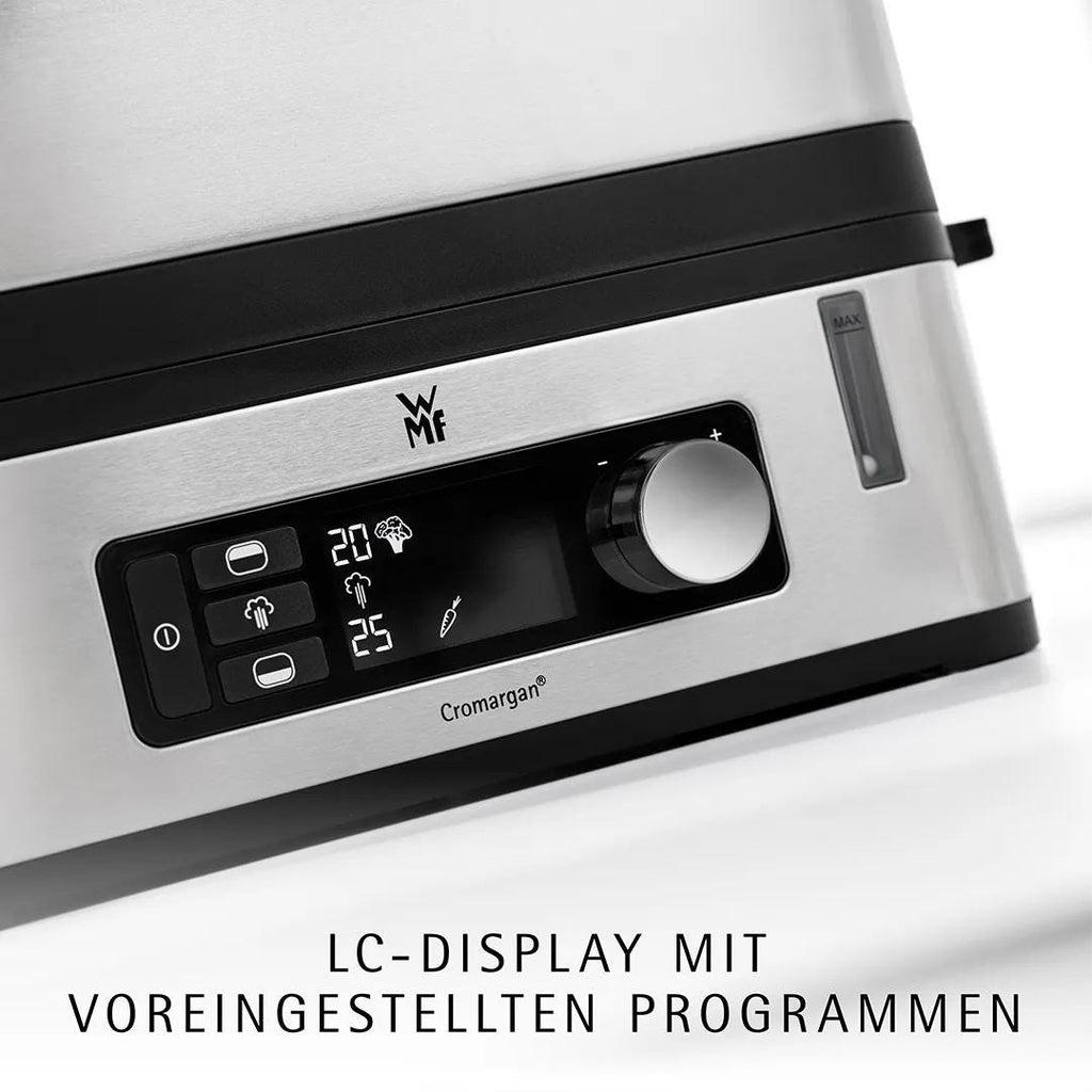 Dampkoker 900W med 2 dampkamre digital timer - WMF KUCHENminis montert på kjøkkenbenk