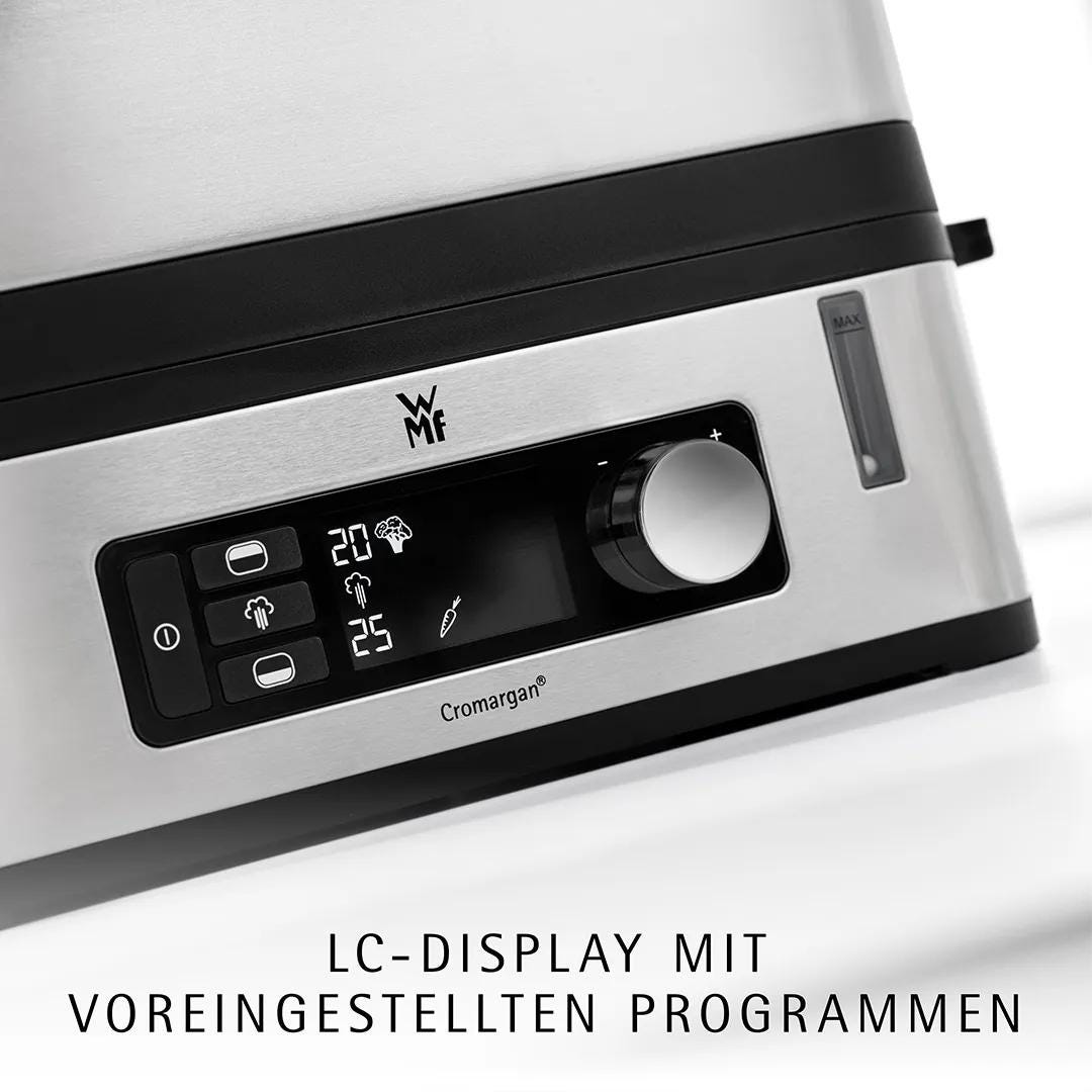 Dampkoker 900W med 2 dampkamre digital timer - WMF KUCHENminis montert på kjøkkenbenk